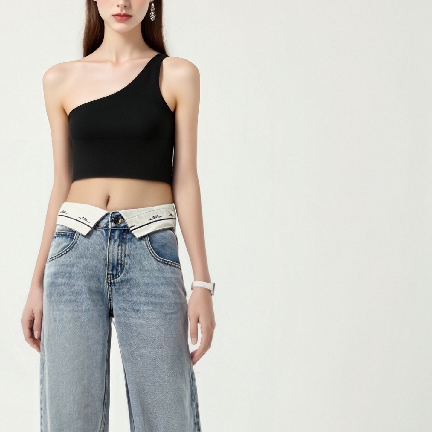 Women's Light Wash Denim Pants with Soft White Elastic Trim A10014