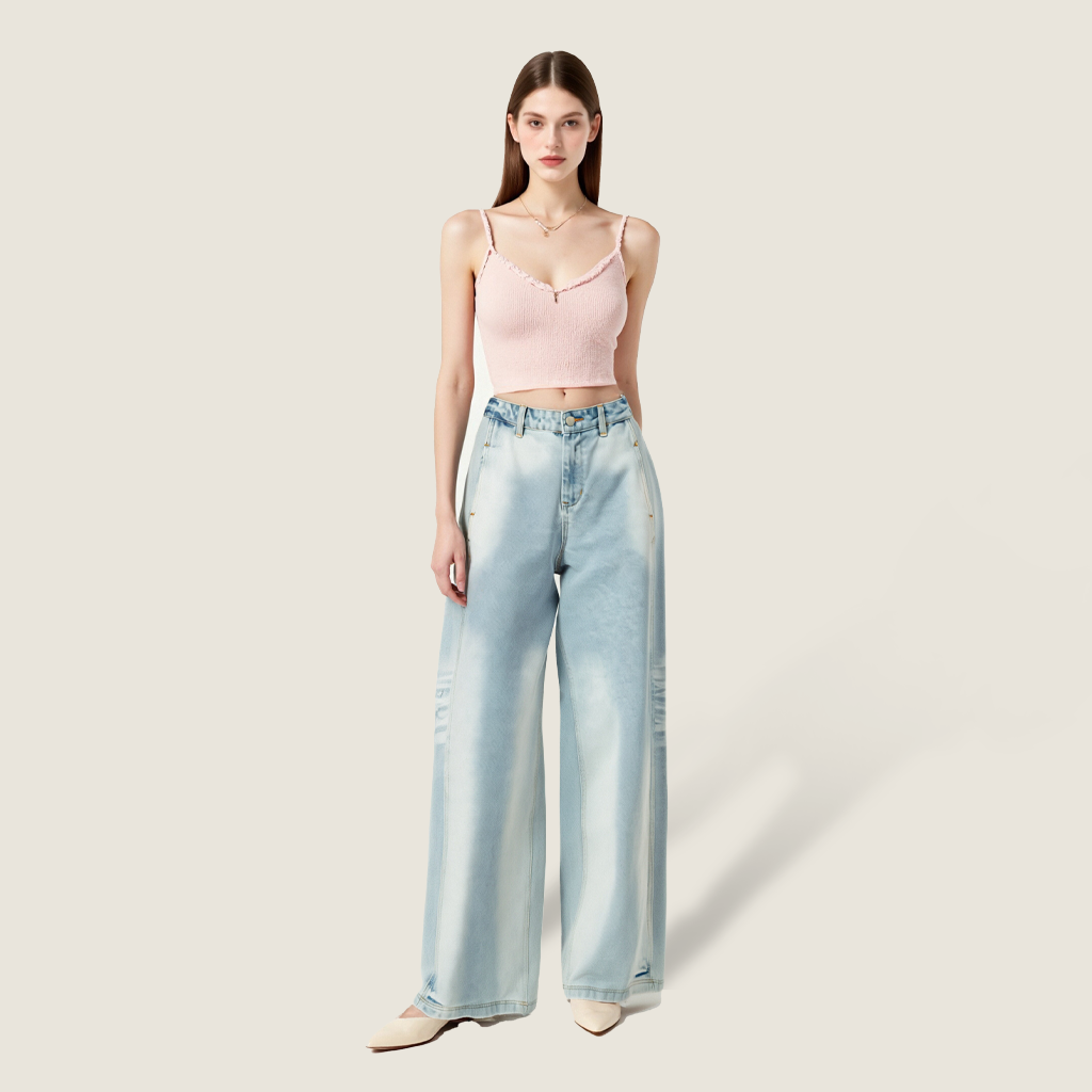 Women's Loose Wide Leg Denim Jeans with Back Embroidery A10039