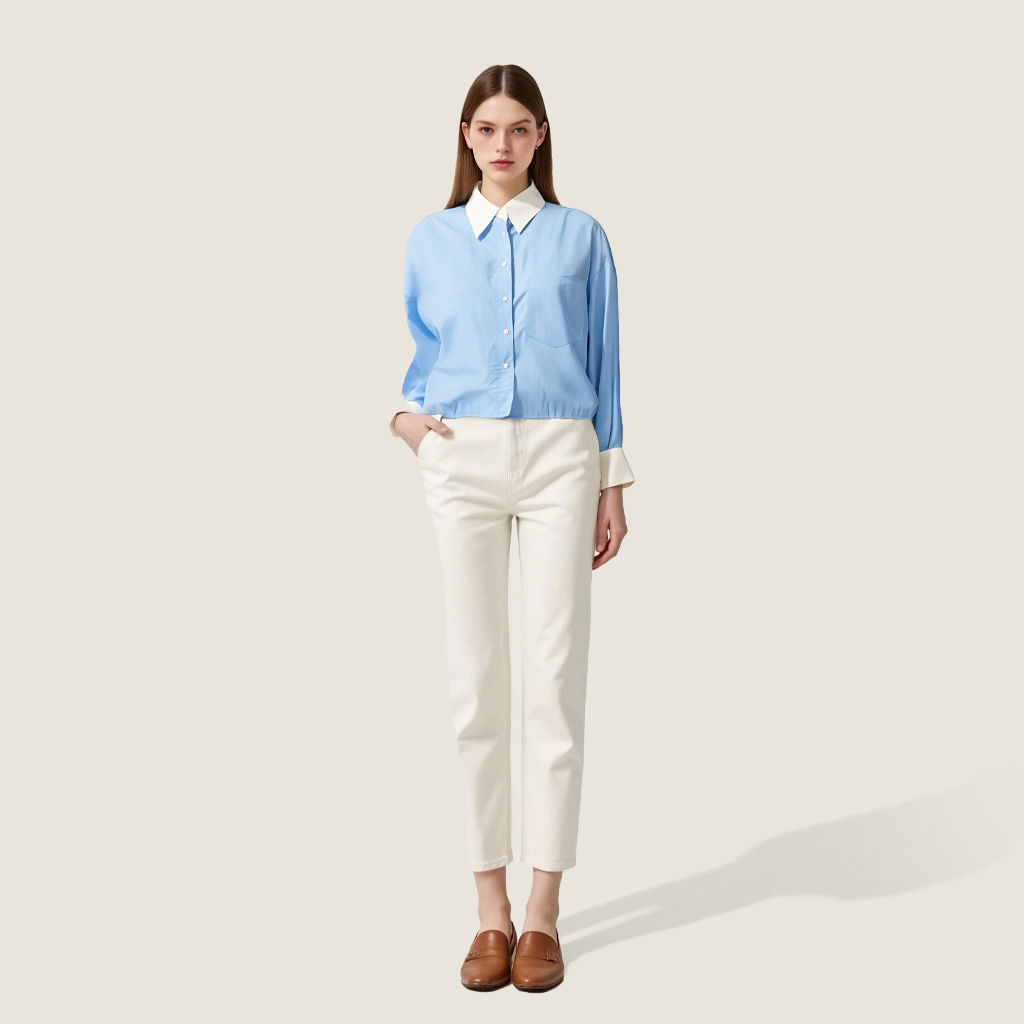 Women's Button-Down Shirt with Contrast Collar and Cuffs Trendy Long Sleeve Cropped Top A10084