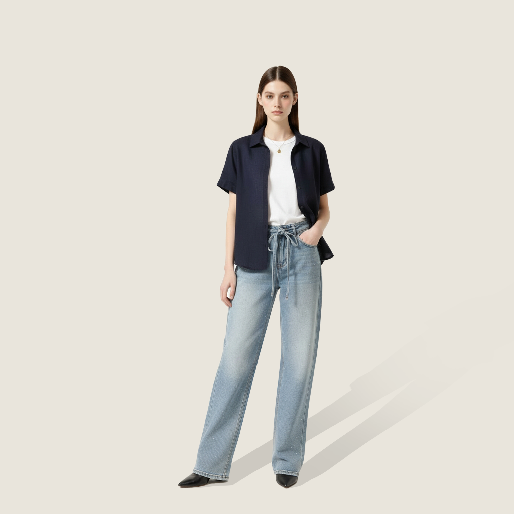 Rhinestone-Accent Loose Denim Pants A10093
