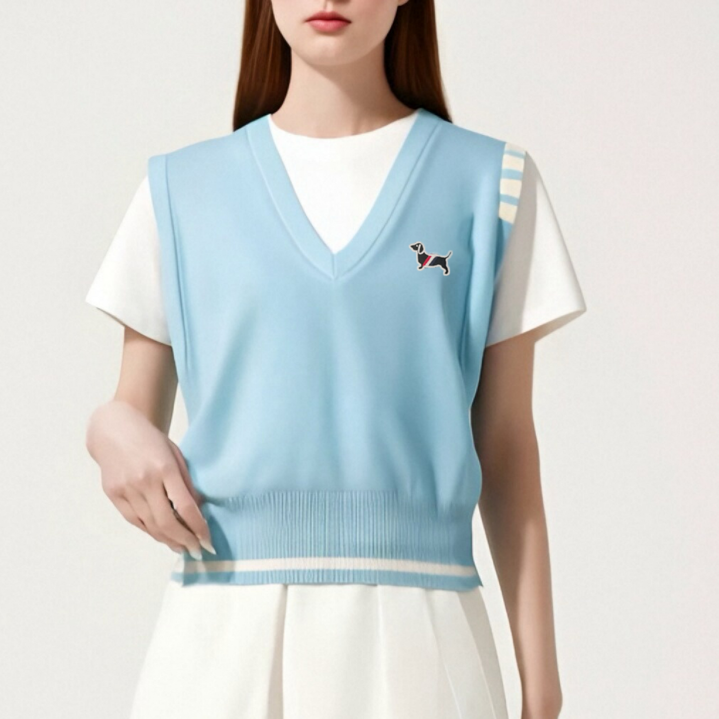 Women's V-Neck Knit Vest with Dog Embroidery-Trendy Sleeveless Preppy Style A10146