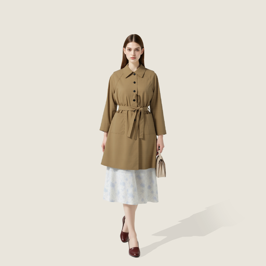 Women's Belted Trench Coat-Trendy Single-Breasted Lapel Mid Length Outerwear A10165