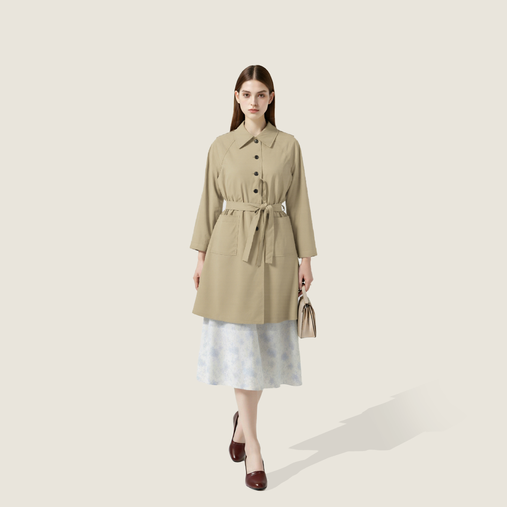 Women's Belted Trench Coat-Trendy Single-Breasted Lapel Mid Length Outerwear A10165
