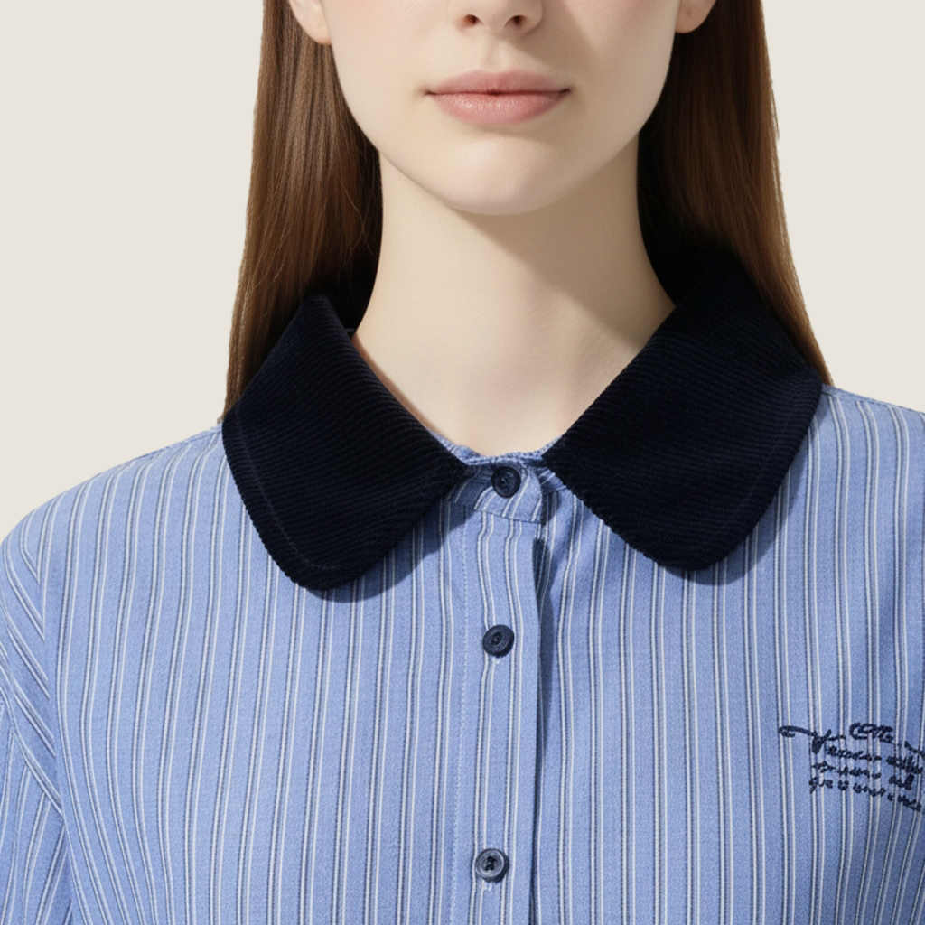 Women's Blue Striped Button-Down Shirt with Black Collar Casual Long Sleeve Top A10191