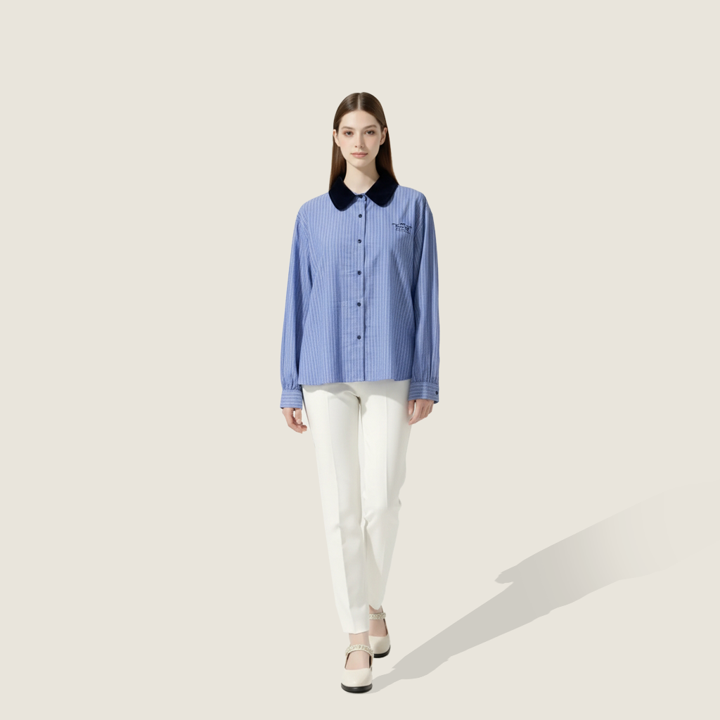 Women's Blue Striped Button-Down Shirt with Black Collar Casual Long Sleeve Top A10191