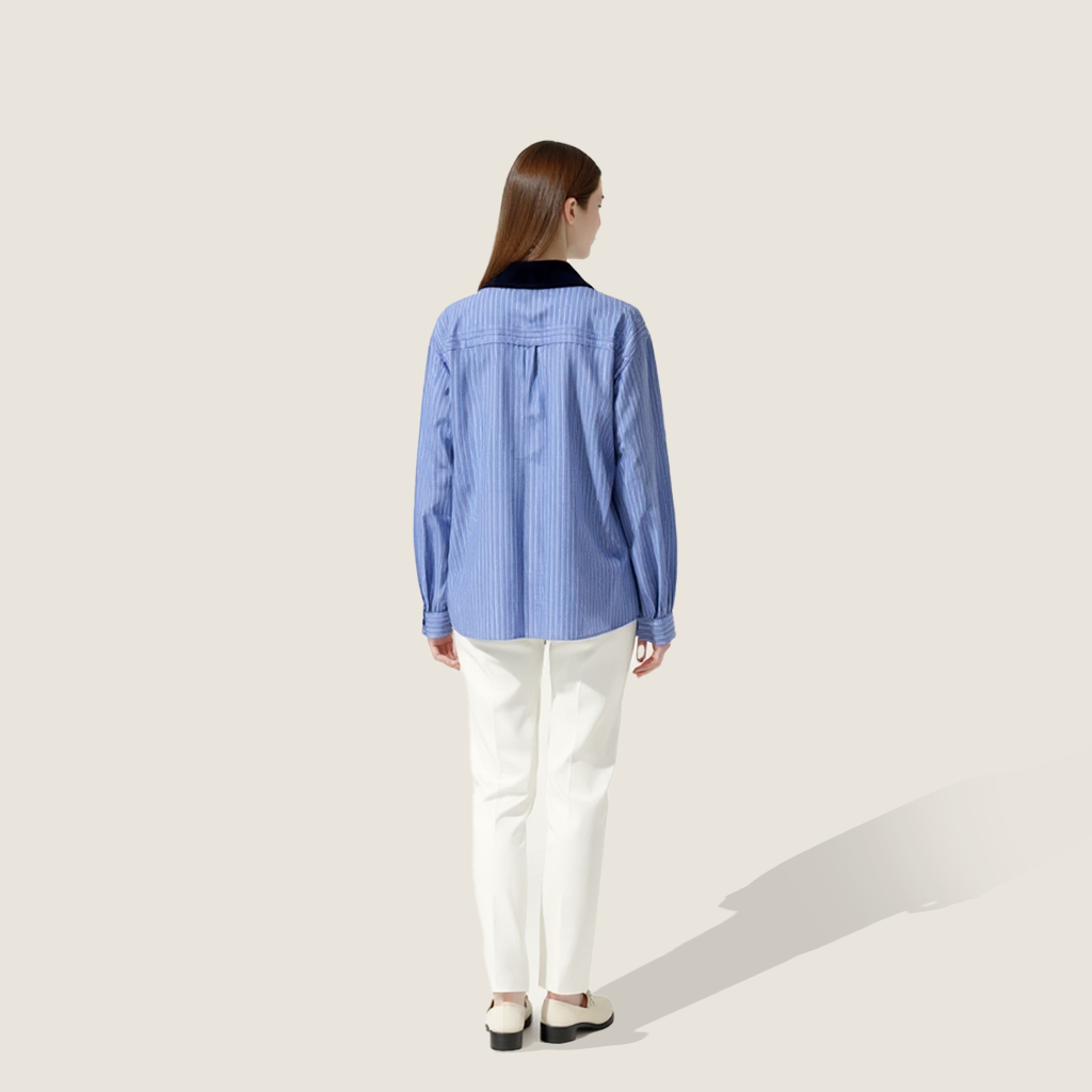 Women's Blue Striped Button-Down Shirt with Black Collar Casual Long Sleeve Top A10191