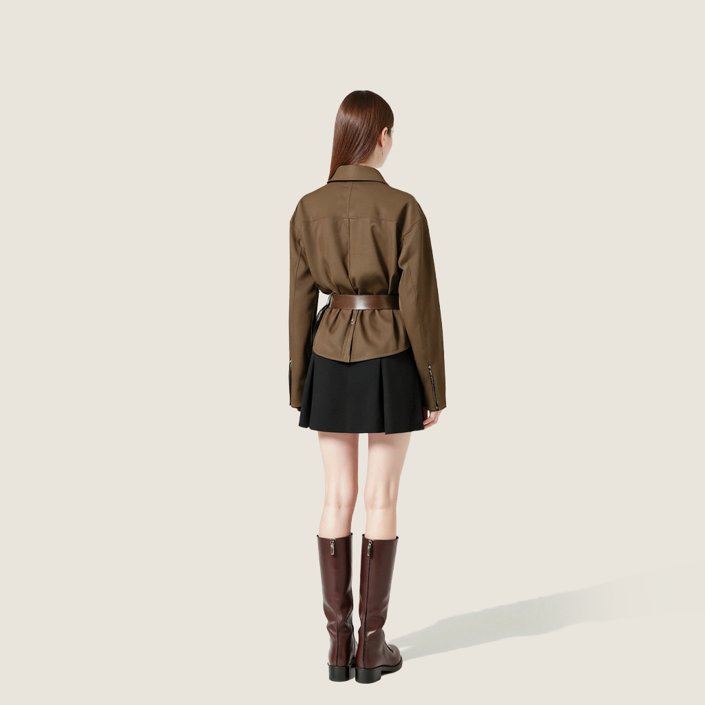 Women's Suede Button Front Collared Belted Shirt Jacket A10233