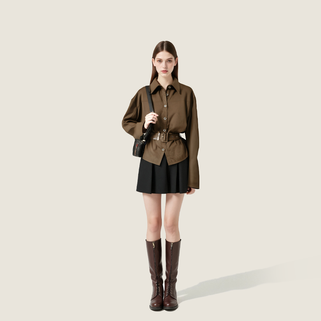 Women's Suede Button Front Collared Belted Shirt Jacket A10233