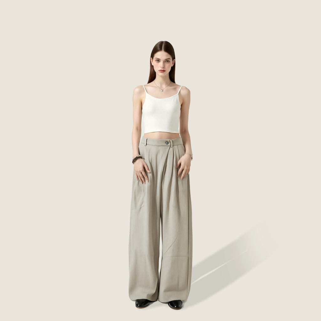 Women's High-Waisted Wide-Leg Pants with Pleated Detail A10234