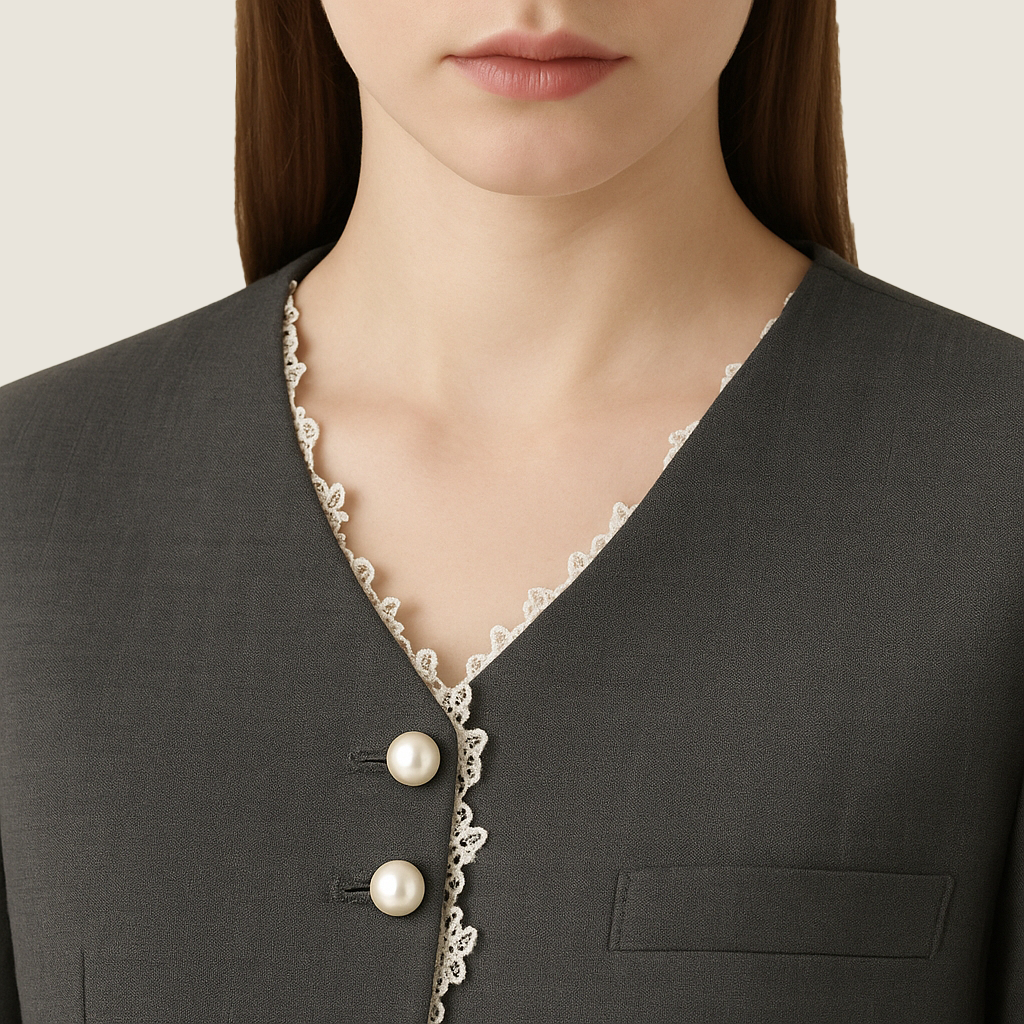 Women's Pearl Button V-Neck Cropped Blazer with Lace Trim A10257