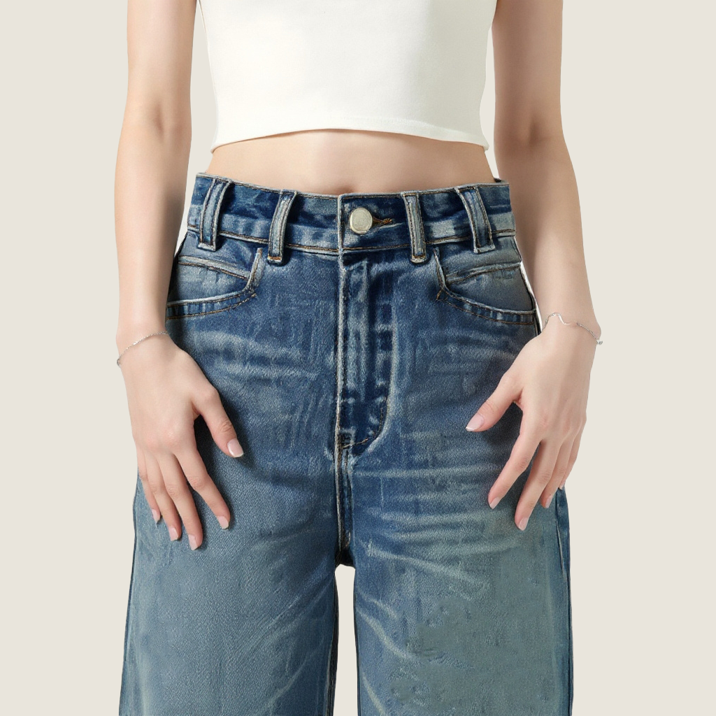 Women's High-Waisted Wide-Leg Jeans Vintage Washed Denim A10261
