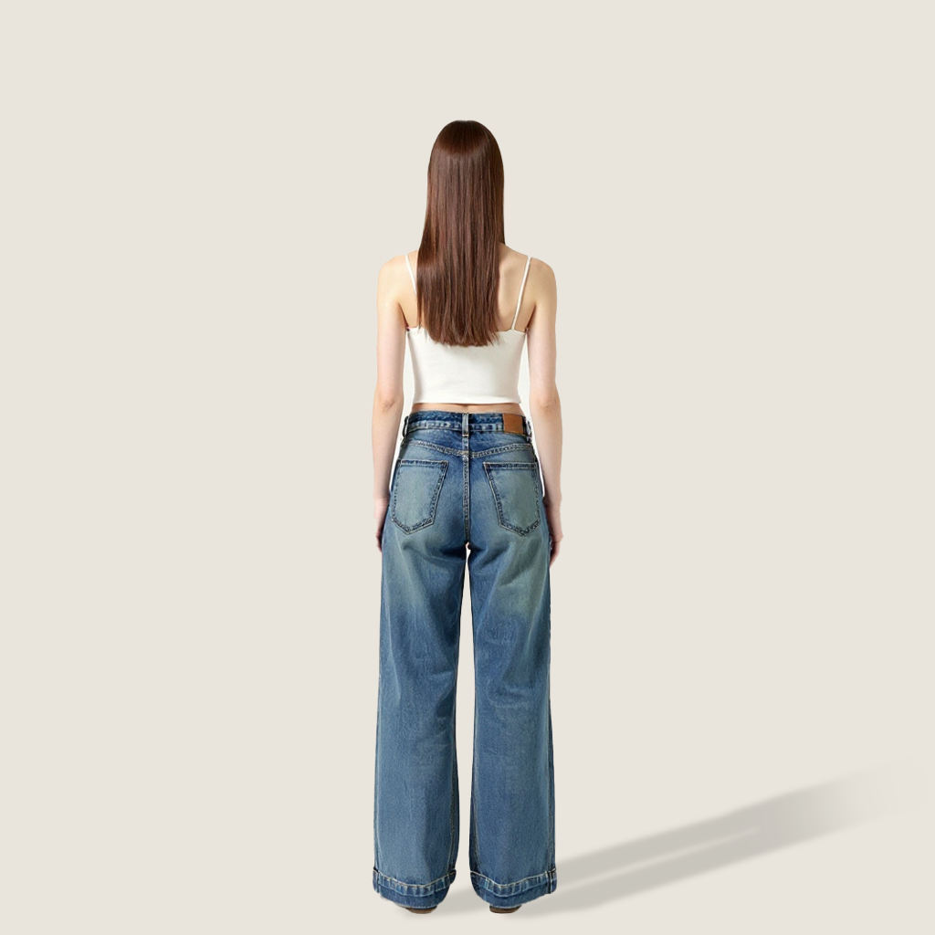 Women's High-Waisted Wide-Leg Jeans Vintage Washed Denim A10261