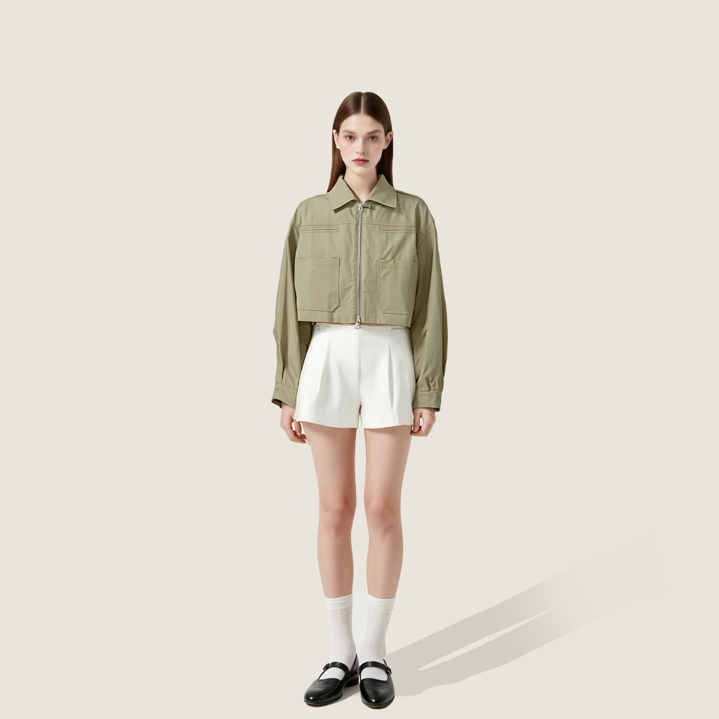 Women's Cropped Zip-Up Jacket with Pockets A10265
