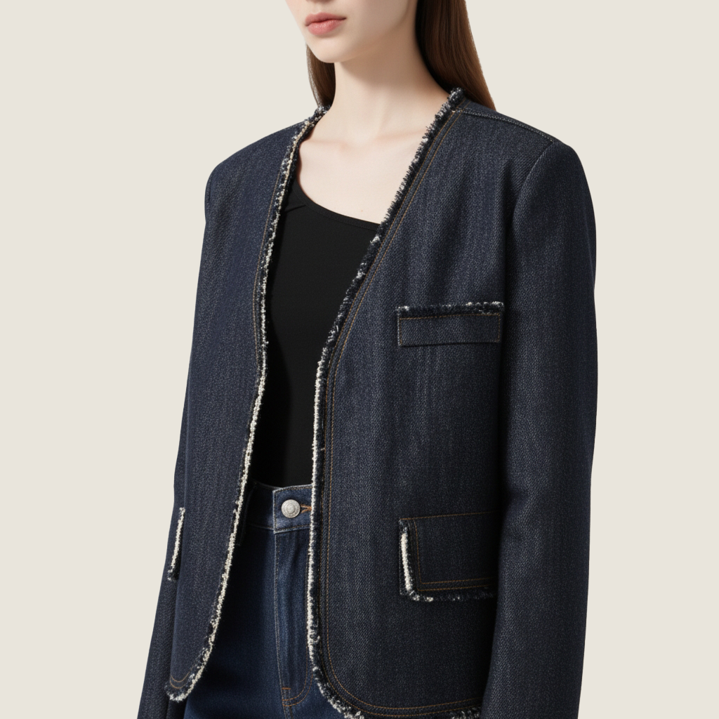 Women's Vintage Chic V-Neck Cropped Jean Blazer with Frayed Edges A10266