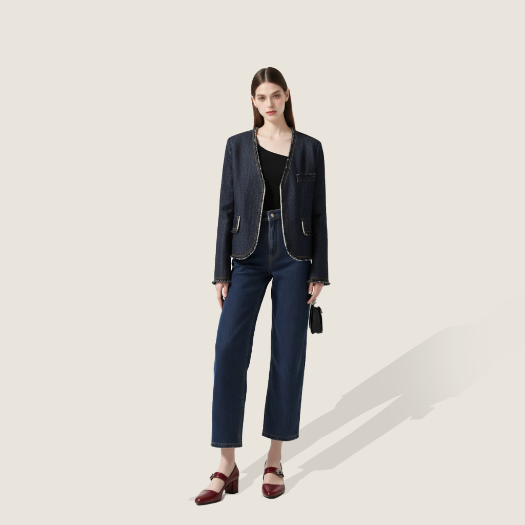Women's Vintage Chic V-Neck Cropped Jean Blazer with Frayed Edges A10266