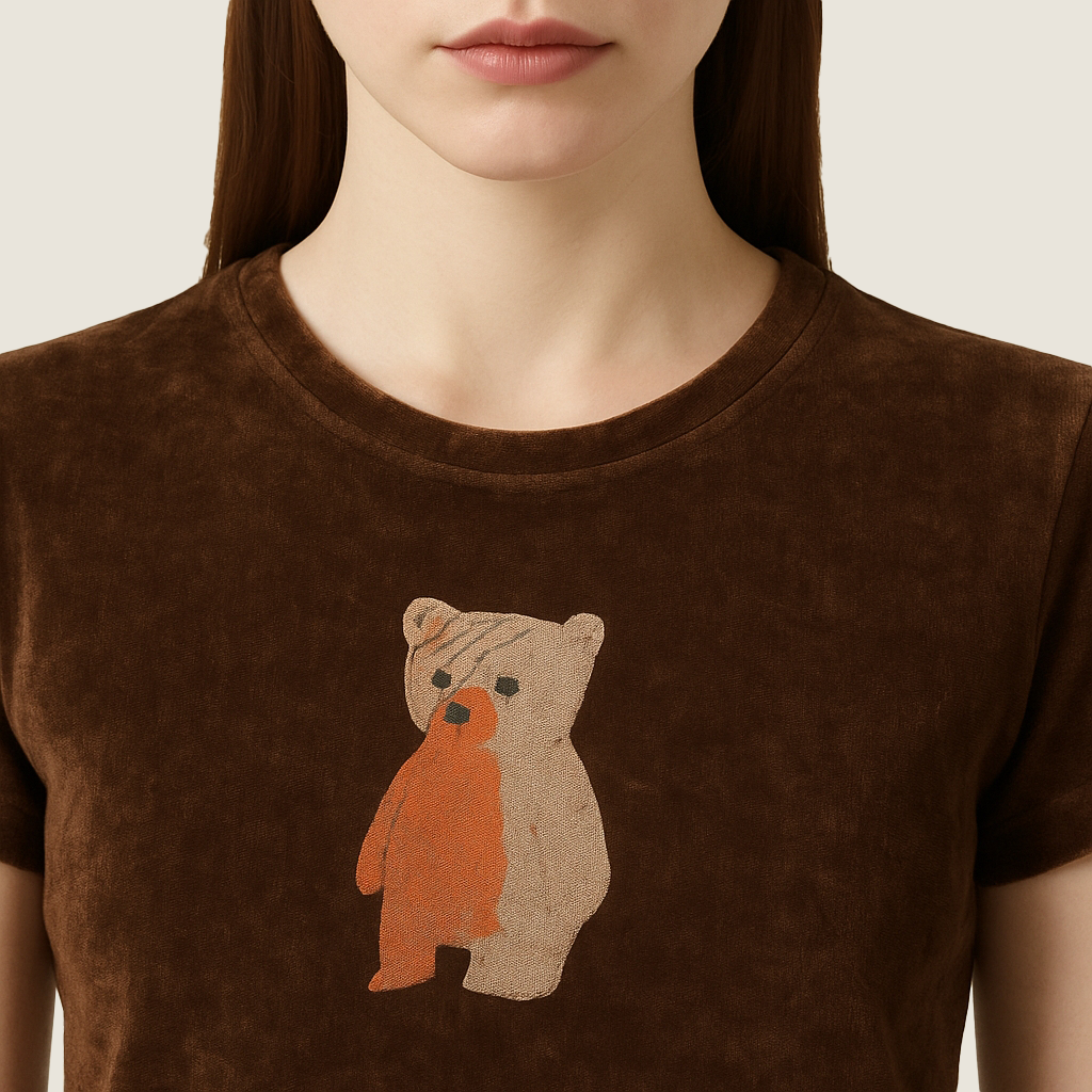 Women's Velvet Short-Sleeve T-Shirt with Cute Bear Graphic A10267
