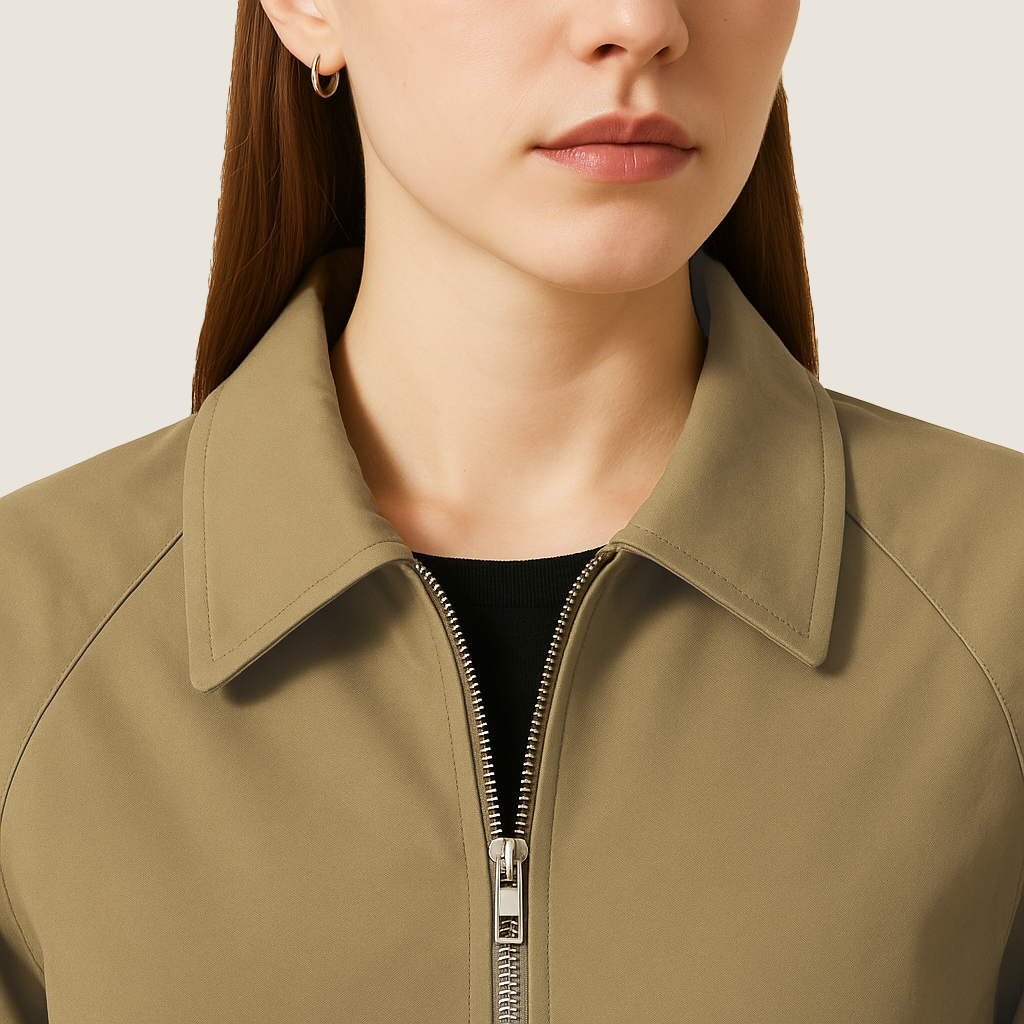 Women's Khaki Zip-Up Jacket with Contrast Cuffs and Drawstring Hem A10272