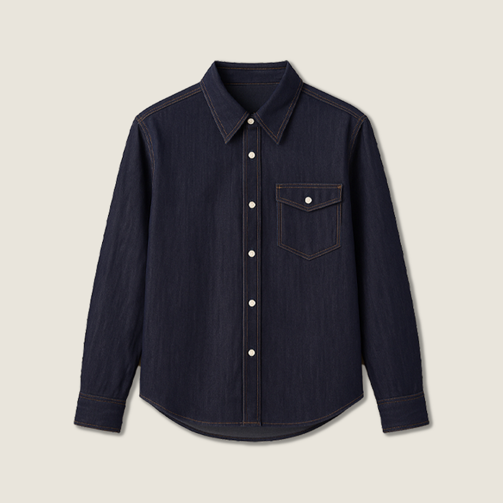 Women's Retro Denim Button-Down Long Sleeve Collared Shirt with Contrast Stitching A10268