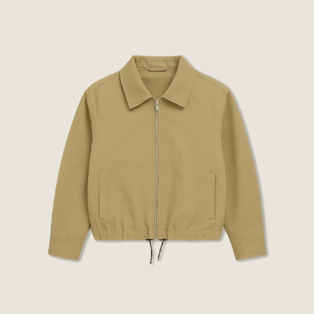 Women's Khaki Zip-Up Jacket with Contrast Cuffs and Drawstring Hem A10272