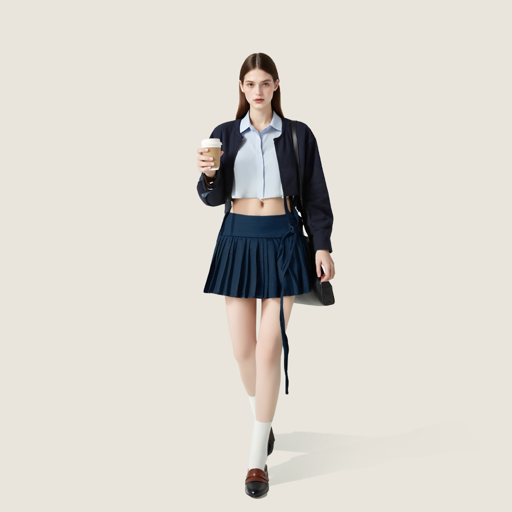 Women's Pleated Mini Skirt with Tie Belt-Trendy High-Waisted A-Line Skirt A10025