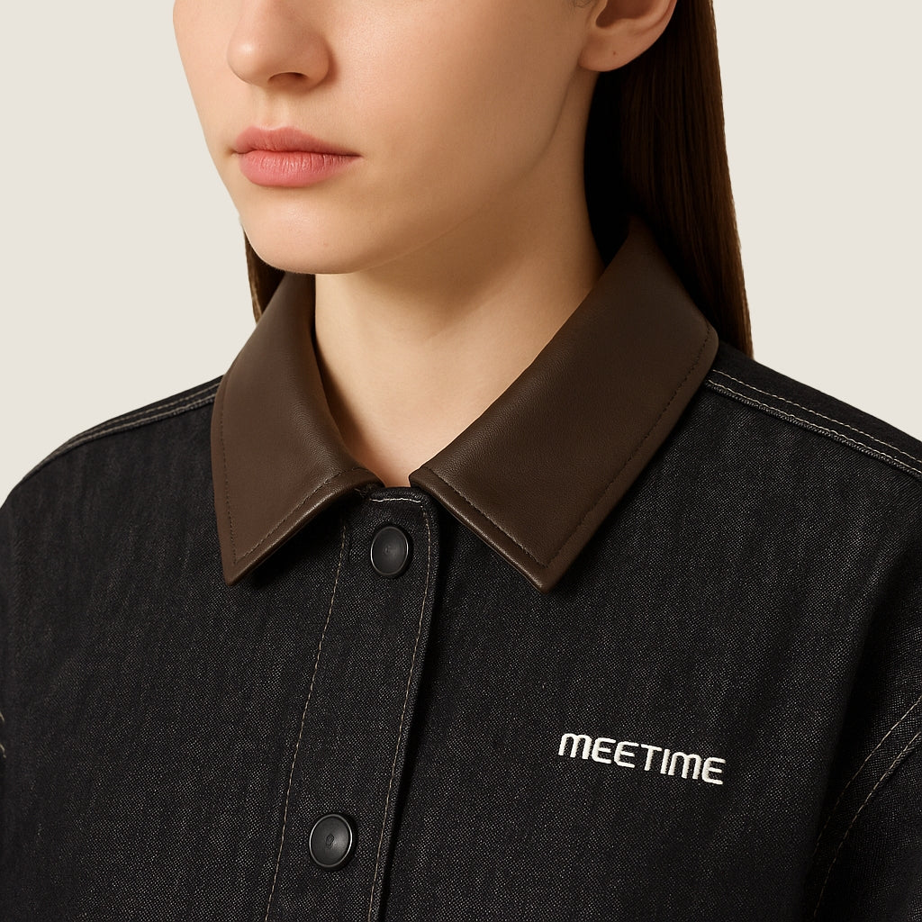 Women's Cropped Button-Up Denim Jacket with Vegan Leather Collar A10245