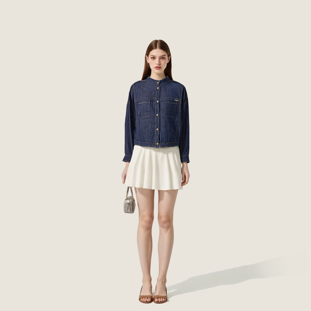 Women's Cropped Casual Button-Front Denim Jacket with Stand Collar A10244