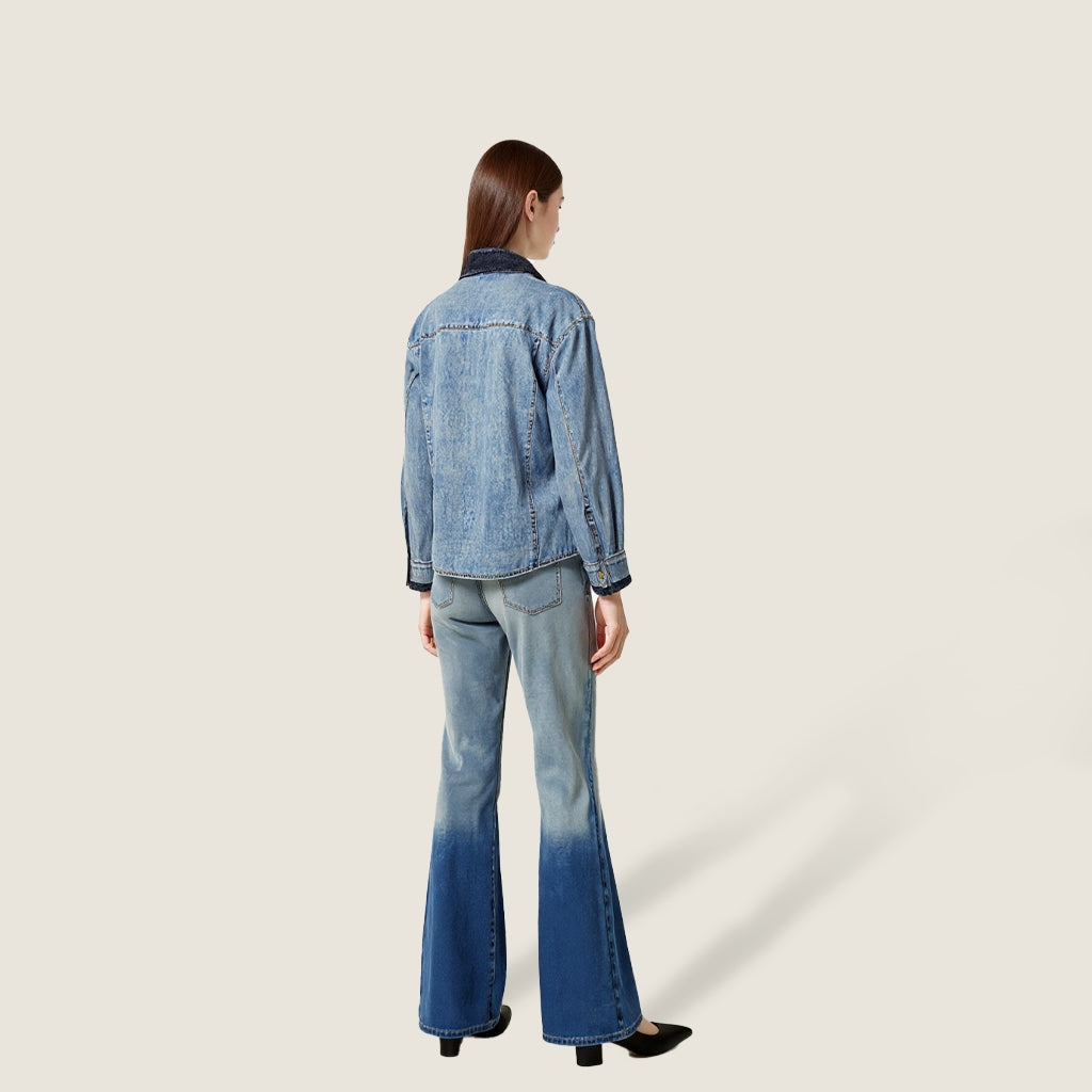 Women's Vintage Wash Denim Button-Down Shirt with Lace Collar and Cuffs A10250