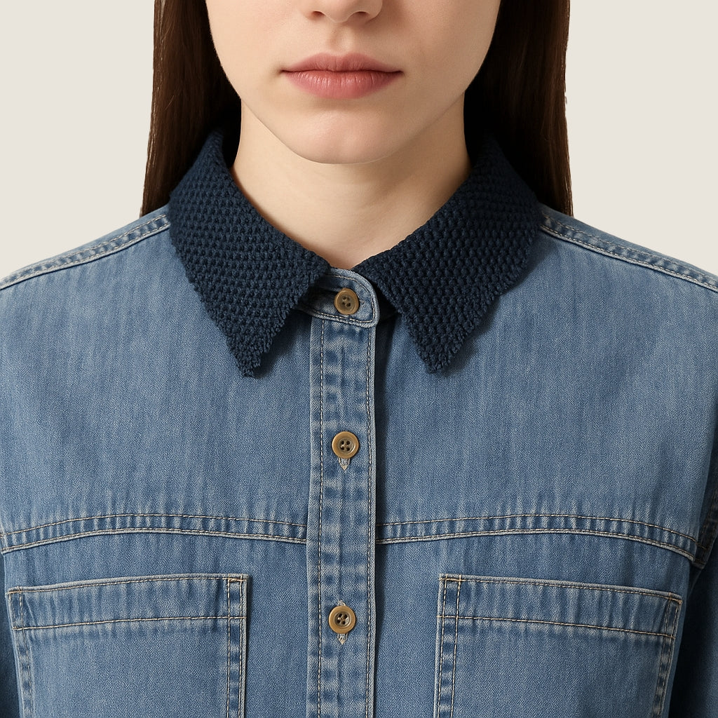 Women's Vintage Wash Denim Button-Down Shirt with Lace Collar and Cuffs A10250