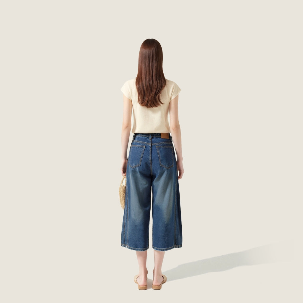 Women's Vintage High-Waisted Wash Wide-Leg Denim Capris A10174
