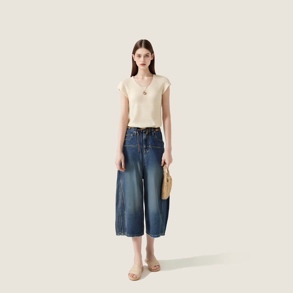 Women's Vintage High-Waisted Wash Wide-Leg Denim Capris A10174