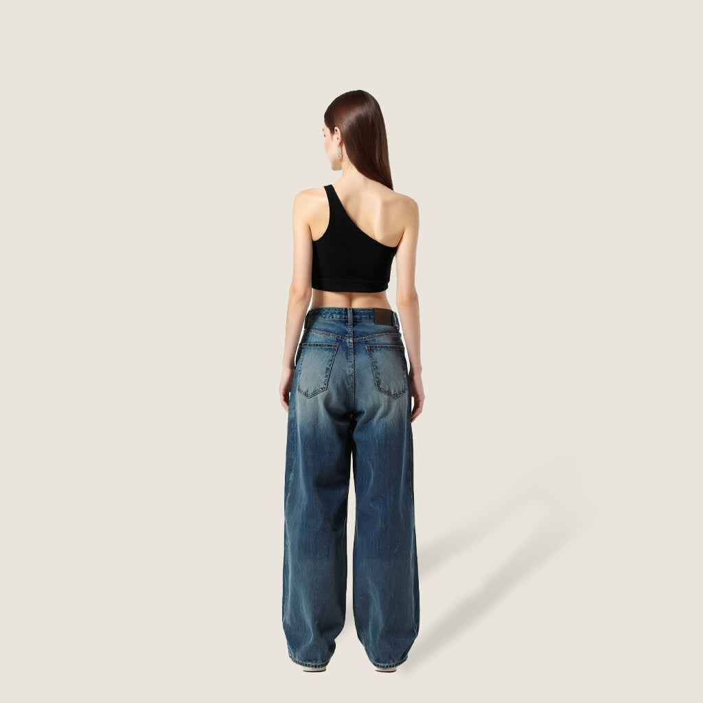 Women's Loose Vintage Washed Wide Leg Jeans with Braided Belt Included A10173