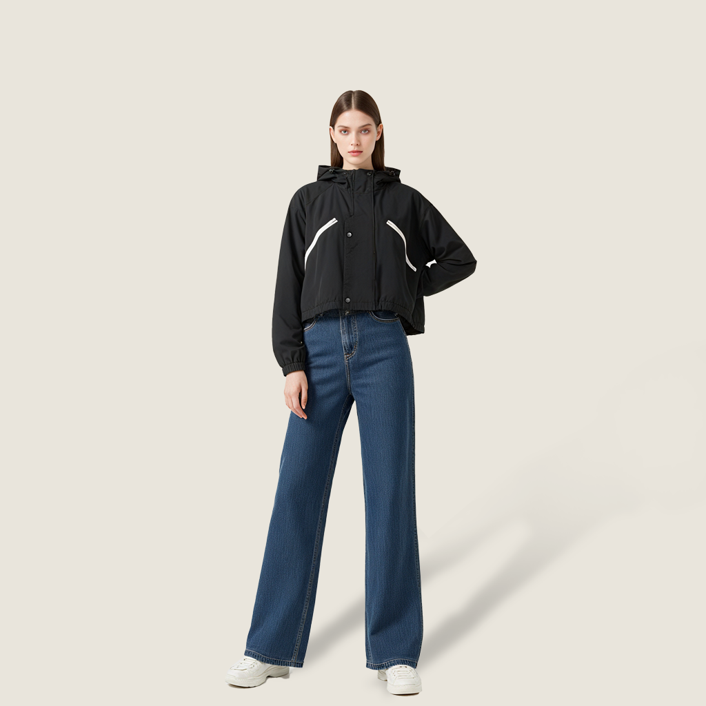 Women's Cropped Windbreaker Hooded Zip-Up Jacket with Contrast Stripe Details A10037