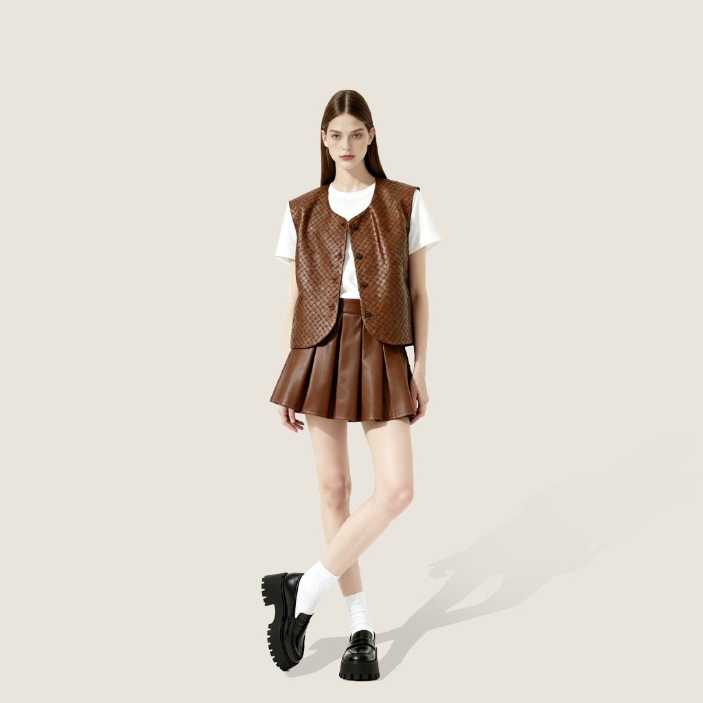 Woven Genuine Leather Vest A10419