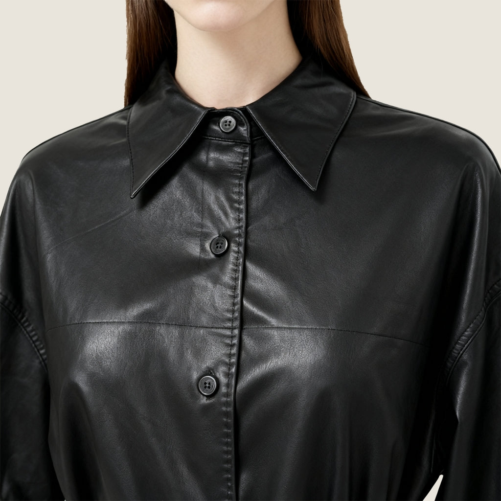 Belted Vegan Leather Shirt Jacket A10415