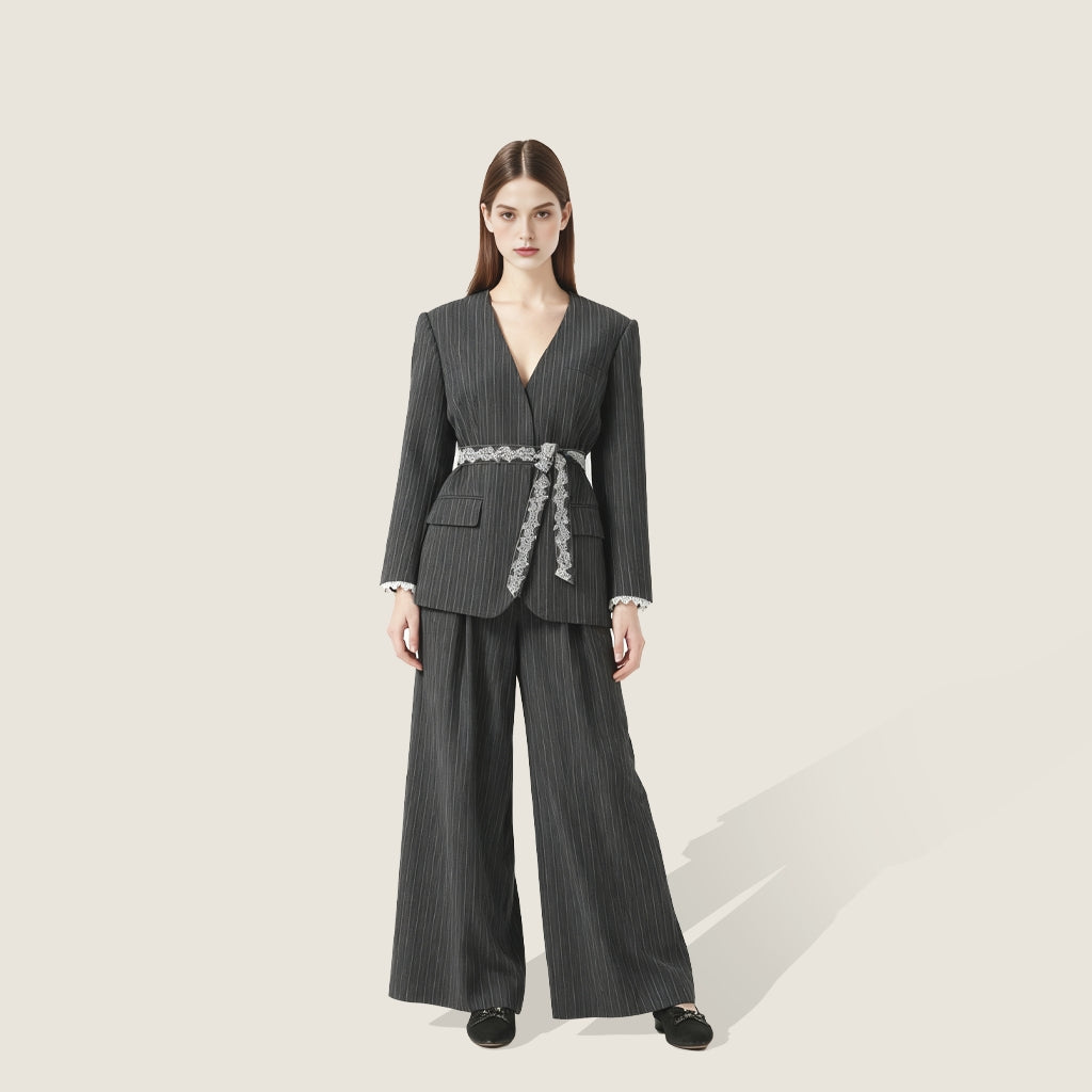 Pinstripe Jacket with Lace Belt and Wide-Leg Trousers A10407