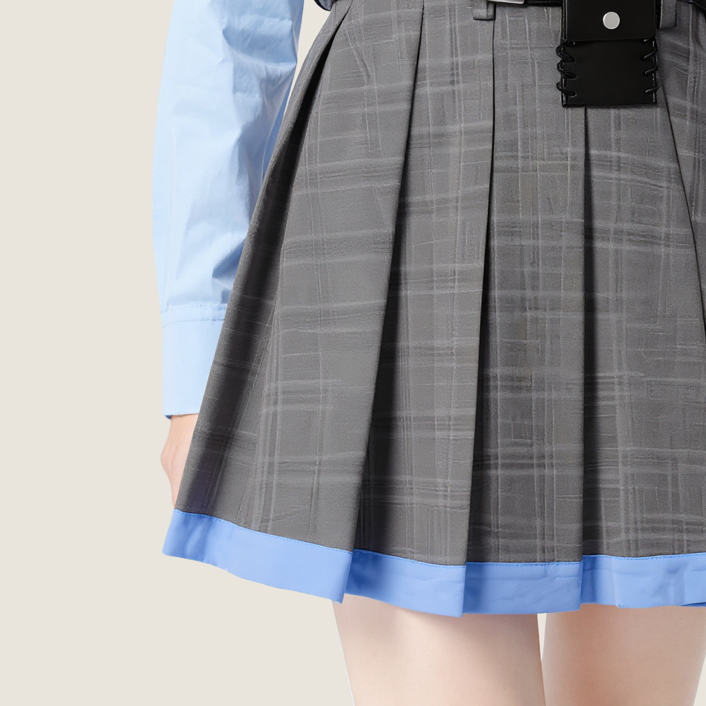 Women's Trendy Contrast Trim Preppy Style Plaid Pleated Mini Skirt with Belt A10200