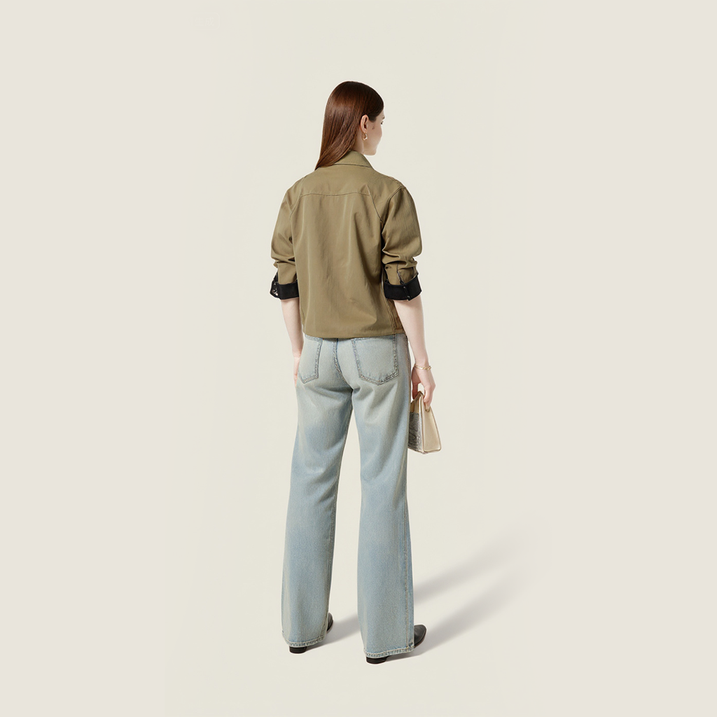 Women's Khaki Zip-Up Jacket with Contrast Cuffs and Drawstring Hem A10272