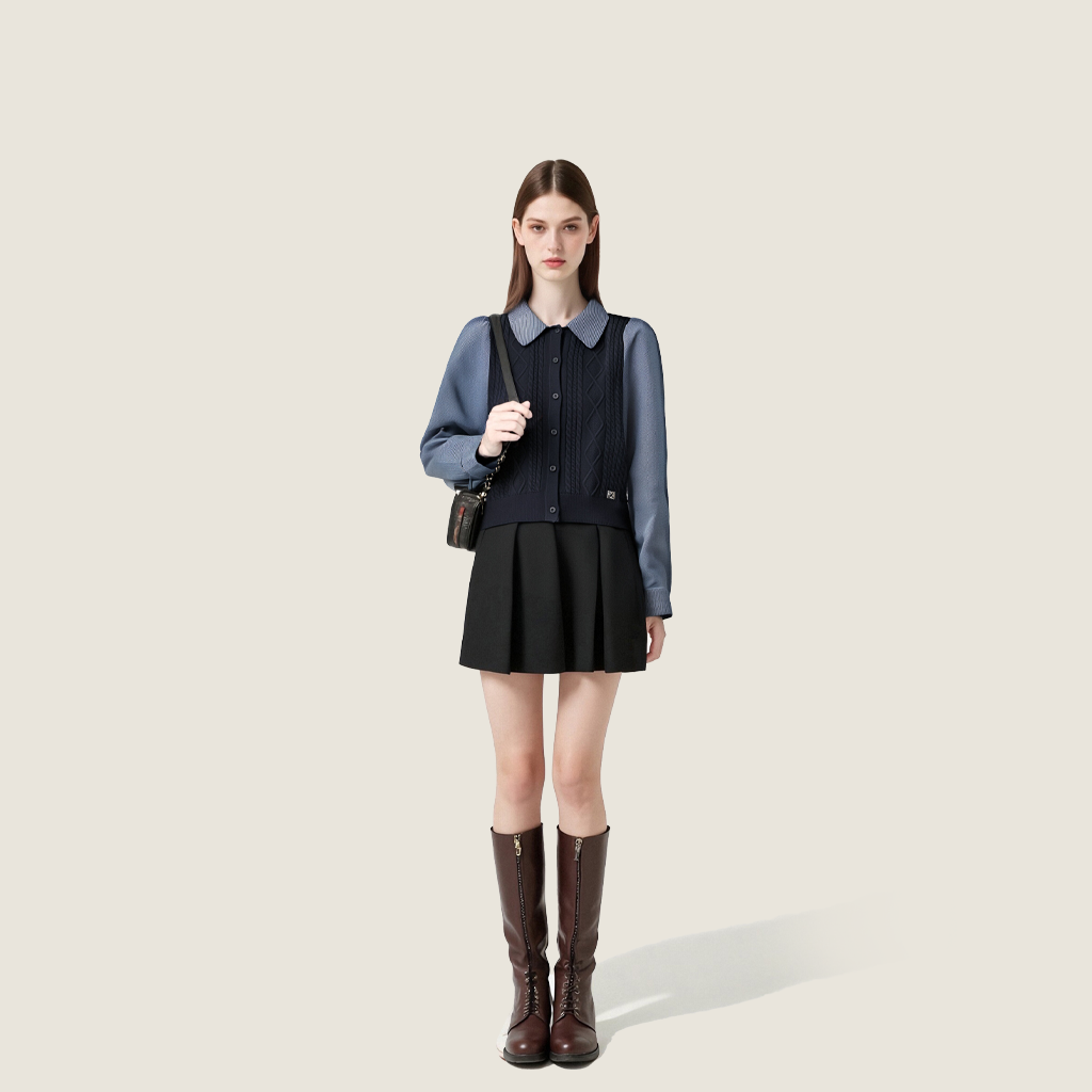 Women's Contrast Collar Cable Knit Cardigan-Trendy Long Sleeve Button-Up Cropped Sweater A10203