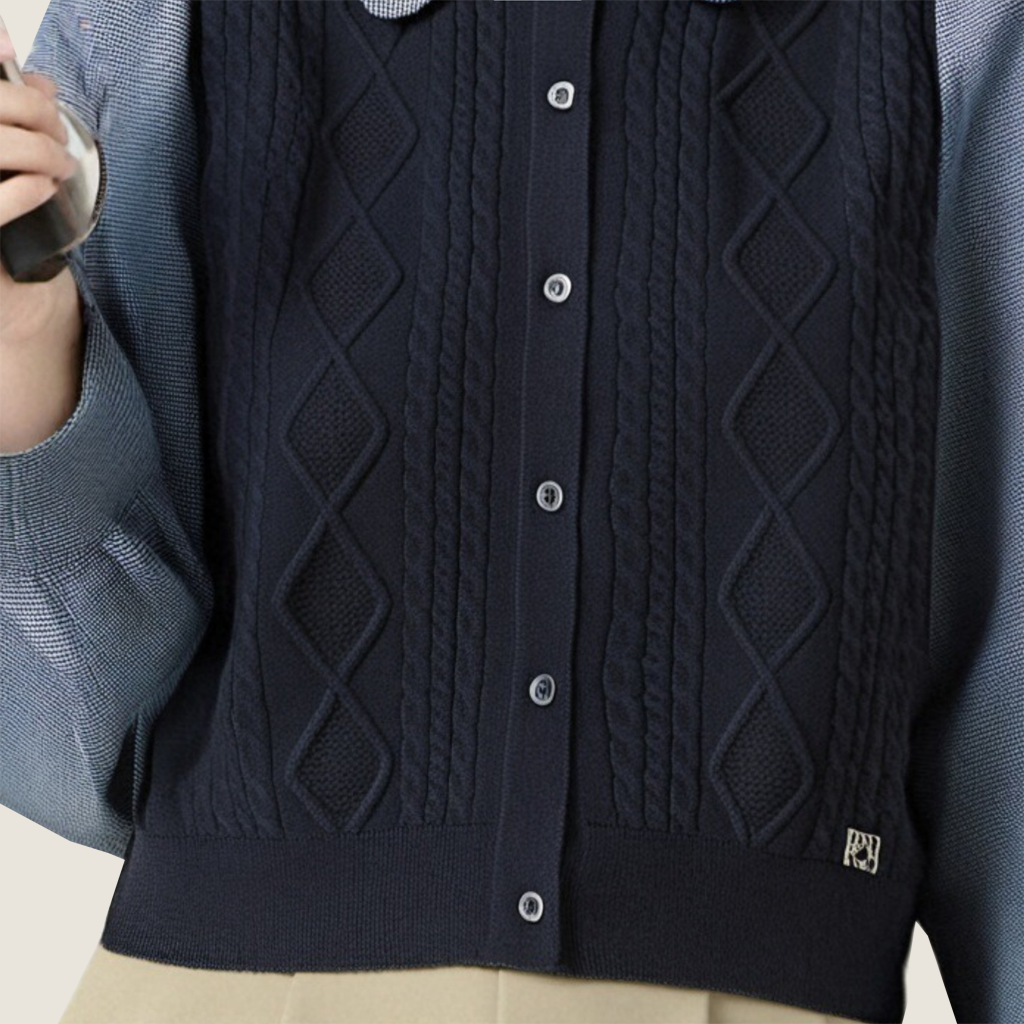 Women's Contrast Collar Cable Knit Cardigan-Trendy Long Sleeve Button-Up Cropped Sweater A10203