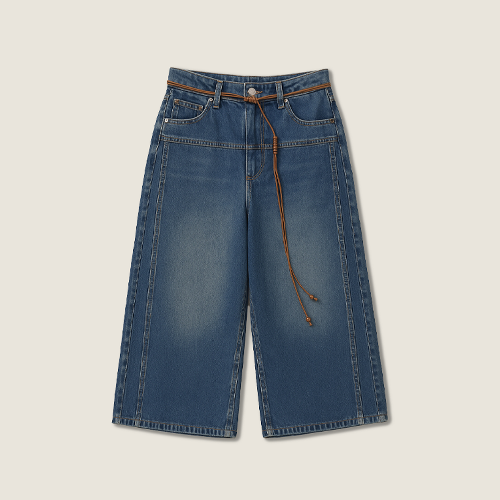 Women's Vintage High-Waisted Wash Wide-Leg Denim Capris A10174
