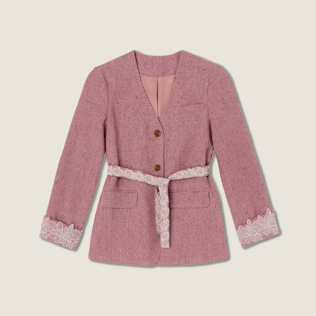 Pink Tweed Jacket with Lace Trim and Mini Skirt A10409