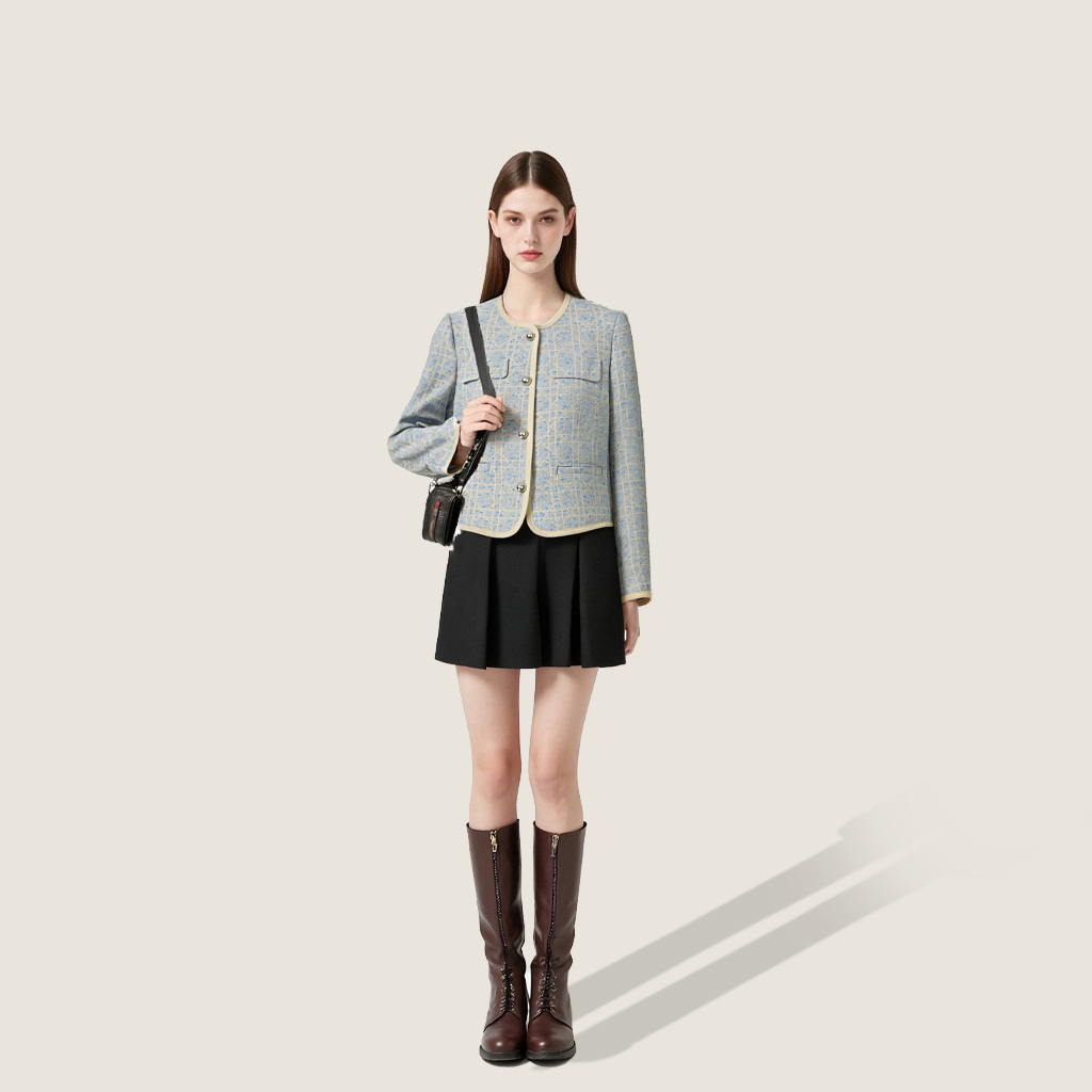 Women's Plaid Elegant Patterned Cropped-Trendy Button-Up Long Sleeve Coat A10204