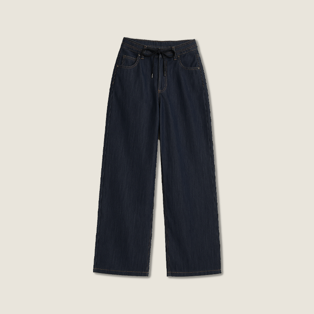 Women's High-Waisted Wide-Leg Denim Pants with Drawstring A10269