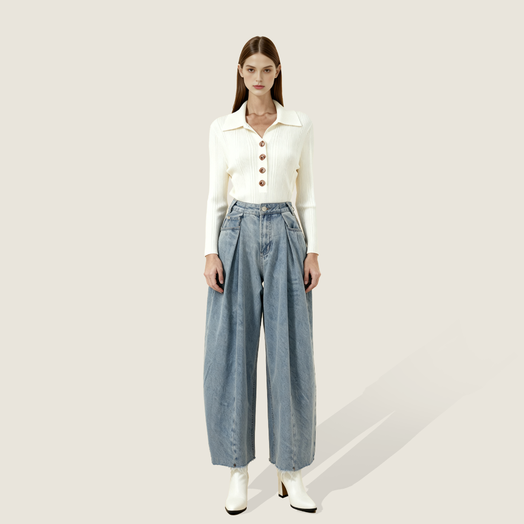 Women's High-Waisted Pleated Baggy Jeans-Artistic & Intellectual Loose Fit A10176