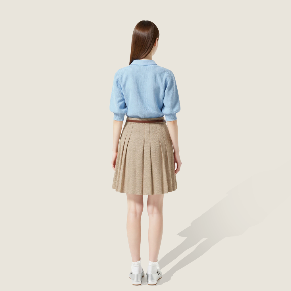 Short-Sleeve Ribbed Knit with Belted Pleated Mini Skirt A93113
