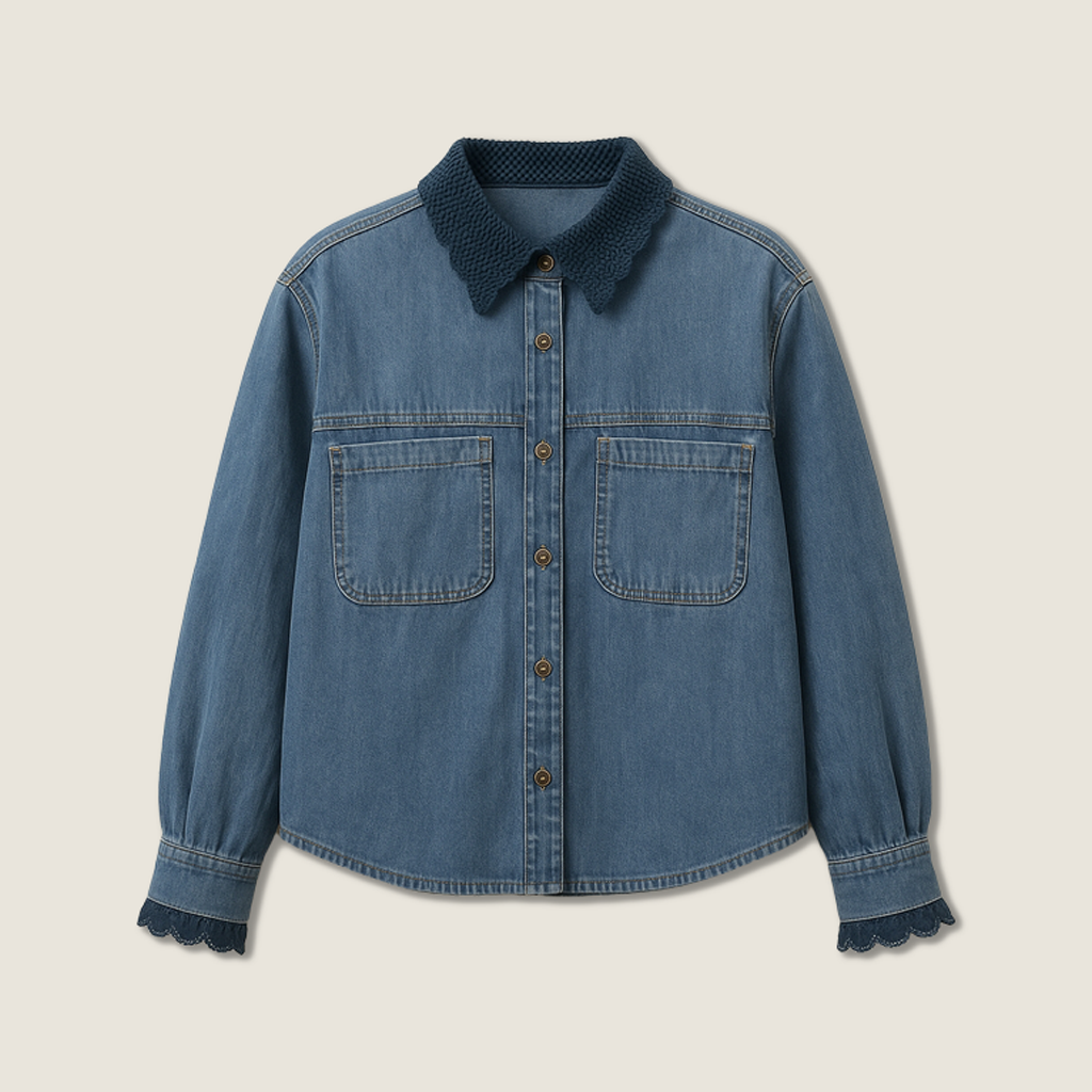 Women's Vintage Wash Denim Button-Down Shirt with Lace Collar and Cuffs A10250