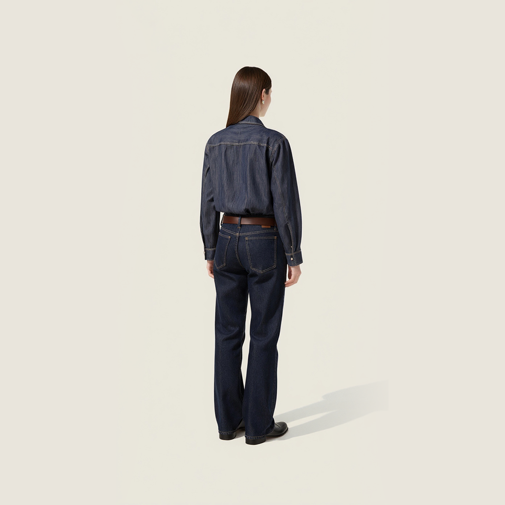Women's Retro Denim Button-Down Long Sleeve Collared Shirt with Contrast Stitching A10268