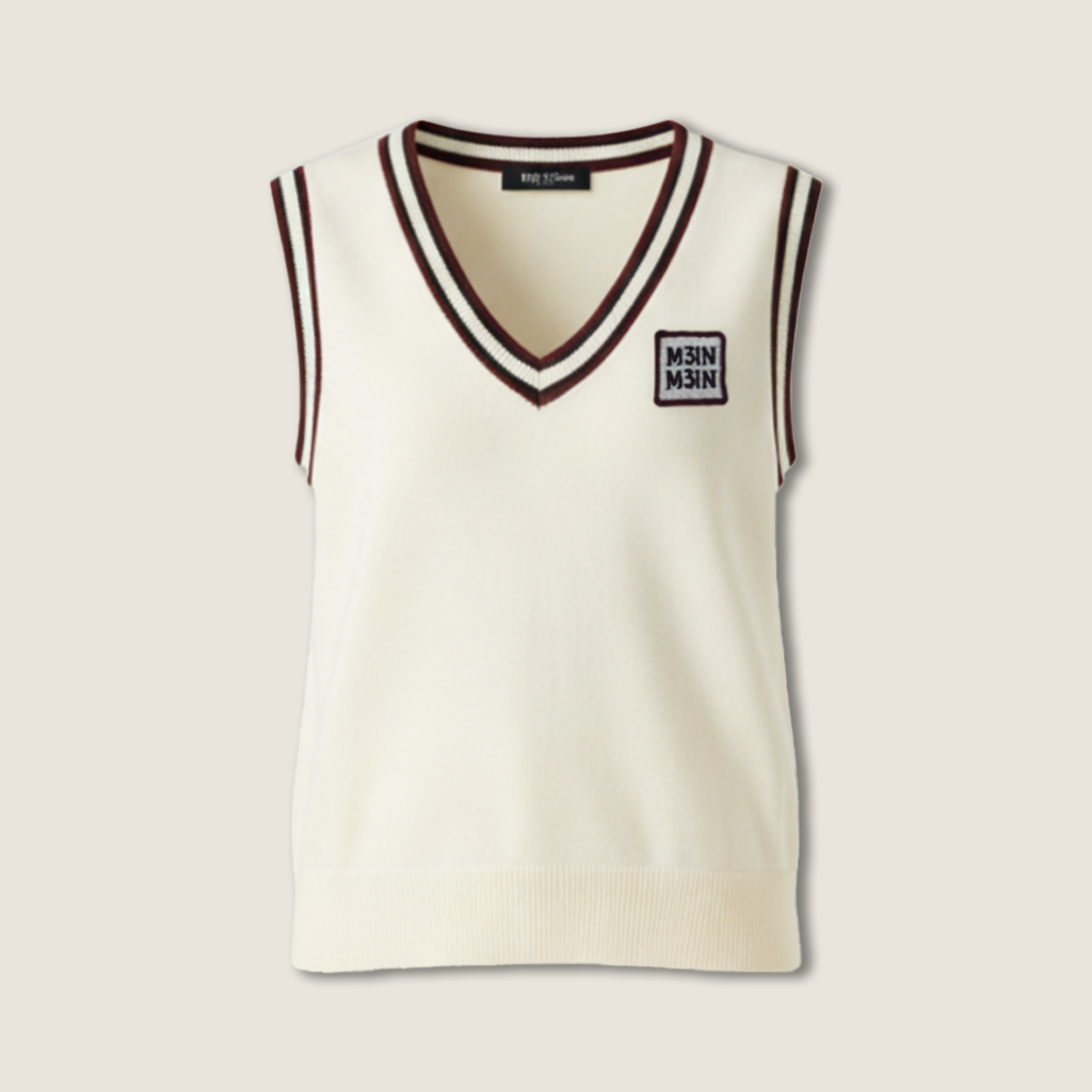 Women's V-Neck Knit Vest with Striped Trim and Trendy Preppy Style Sleeveless Sweater A10048