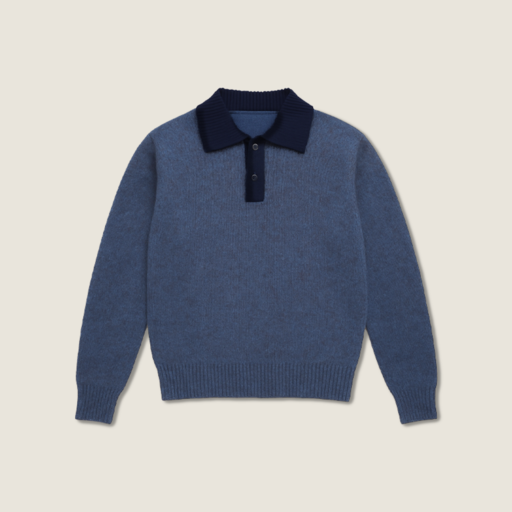 Women's Contrast Collar Button-Front Fuzzy Knit Polo Sweater A10313