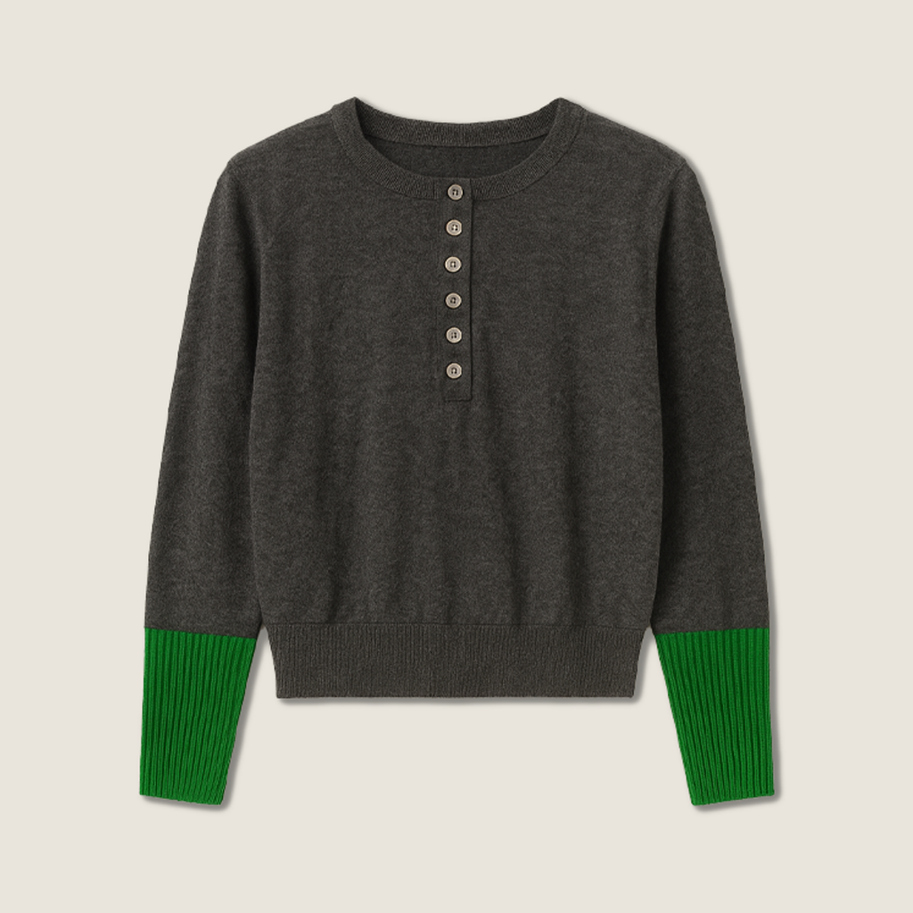 Women's Plain Henley Sweater with Color Contrast Cuffs A10213